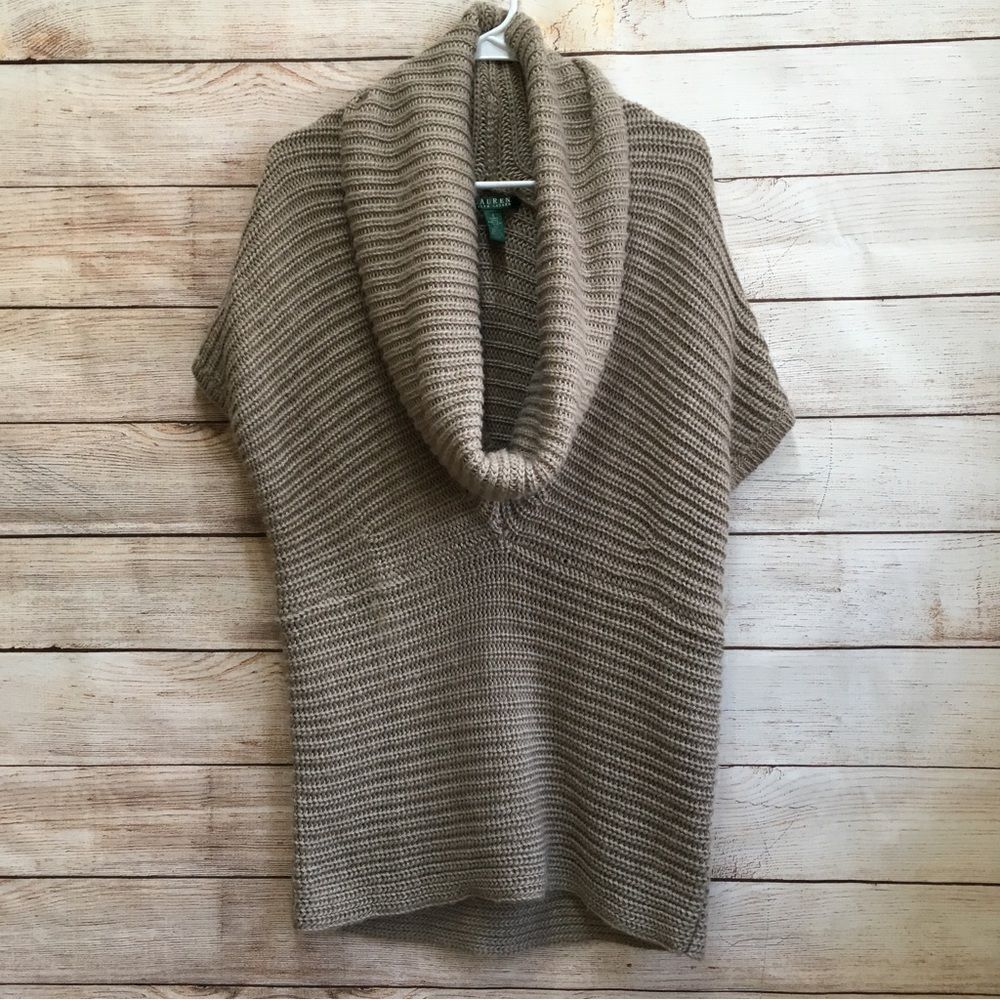 LAUREN RALPH LAUREN COWL NECK WOOL BLEND OVERSIZED SWEATER IN TAN
